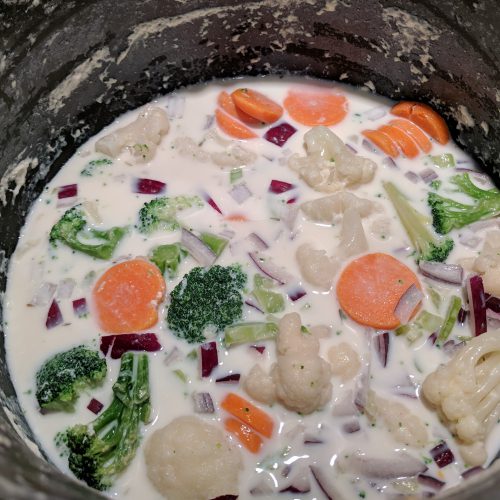 chicken pot pie soup add rest of veggies to pot
