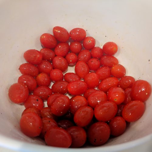 toss tomatoes with evoo salt and pepper