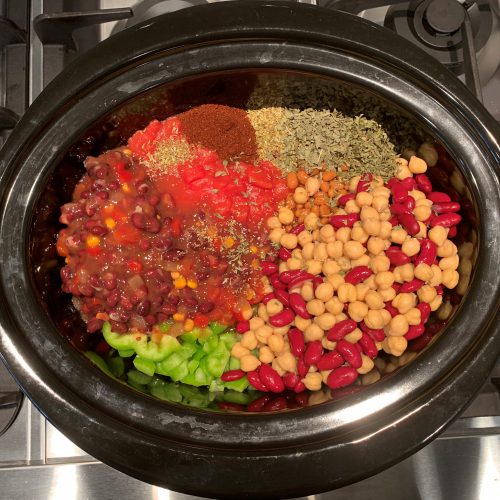 4 bean chili add everything to crock pot stir